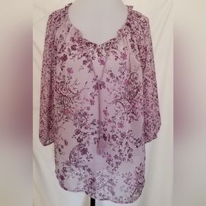 Style & Co Purple Floral Paisley Sheer Women's Large Top 3/4 Sleeve